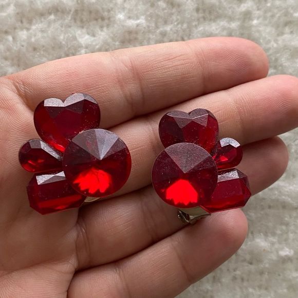 Vintage Jewelry - Vintage VTG Red Heart and Gems Abstract Clip On Earrings